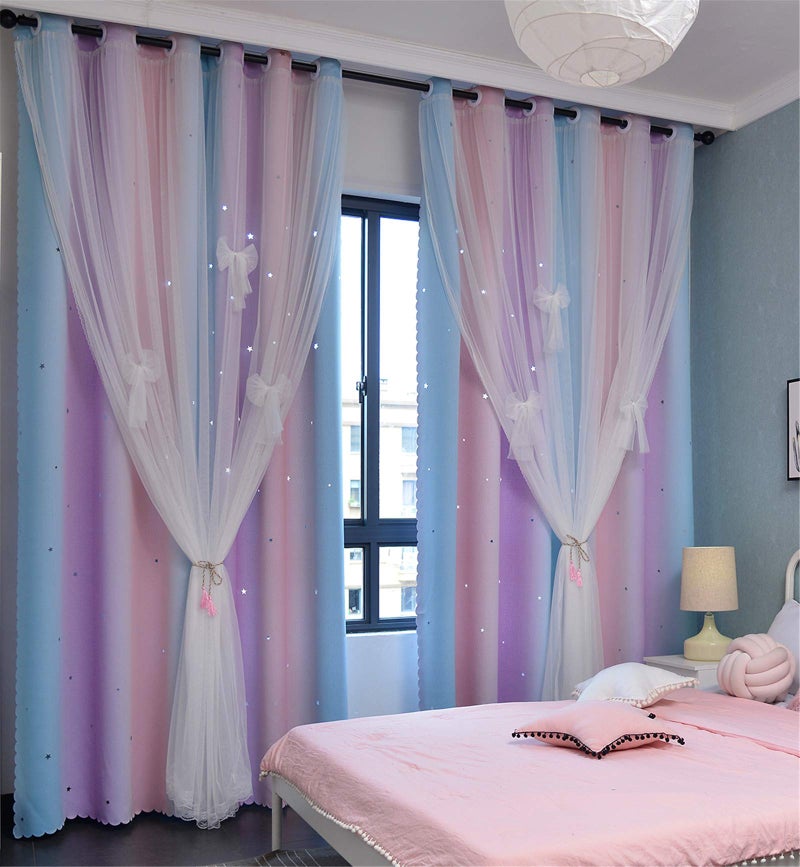 Yancorp Curtains for Girls Bedroom Kids Room Curtain Colorful Window Nursery Curtain 96 inches Length Room Darkening Grommet 2 Layers (Pink Purple, W52 X L96) - Image 1